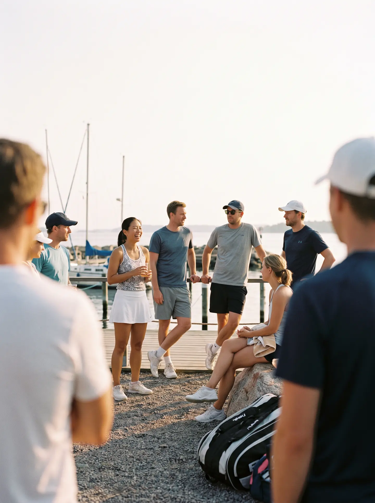 A group of tennis players talking by the water after a session, racquet bags on the ground