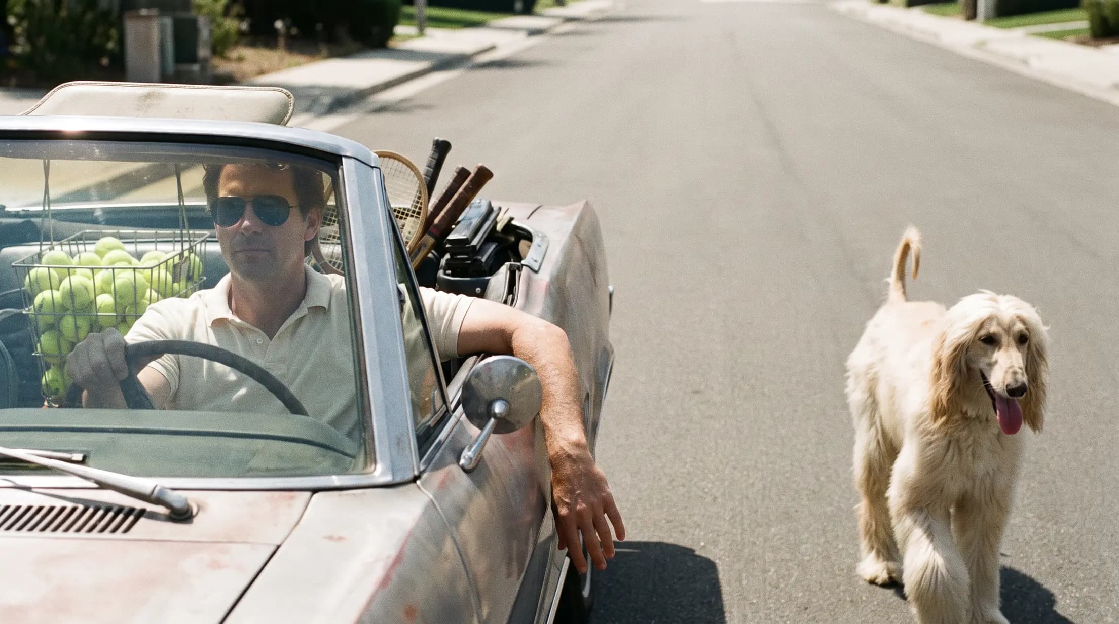 A tennis coach driving a convertible loaded with rackets and a basket of balls, an Afghan hound trotting alongside