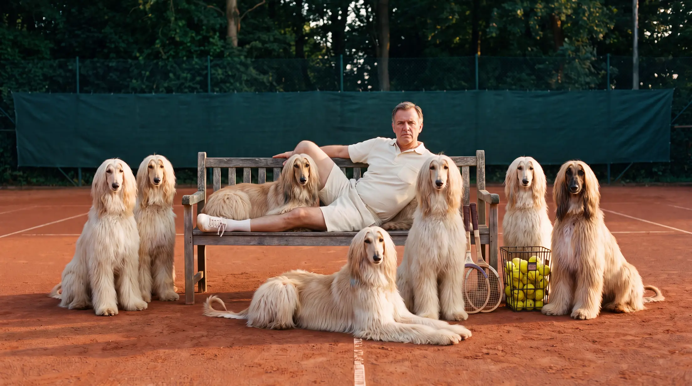 A tennis coach reclining on a bench on a clay court, surrounded by seven Afghan hounds