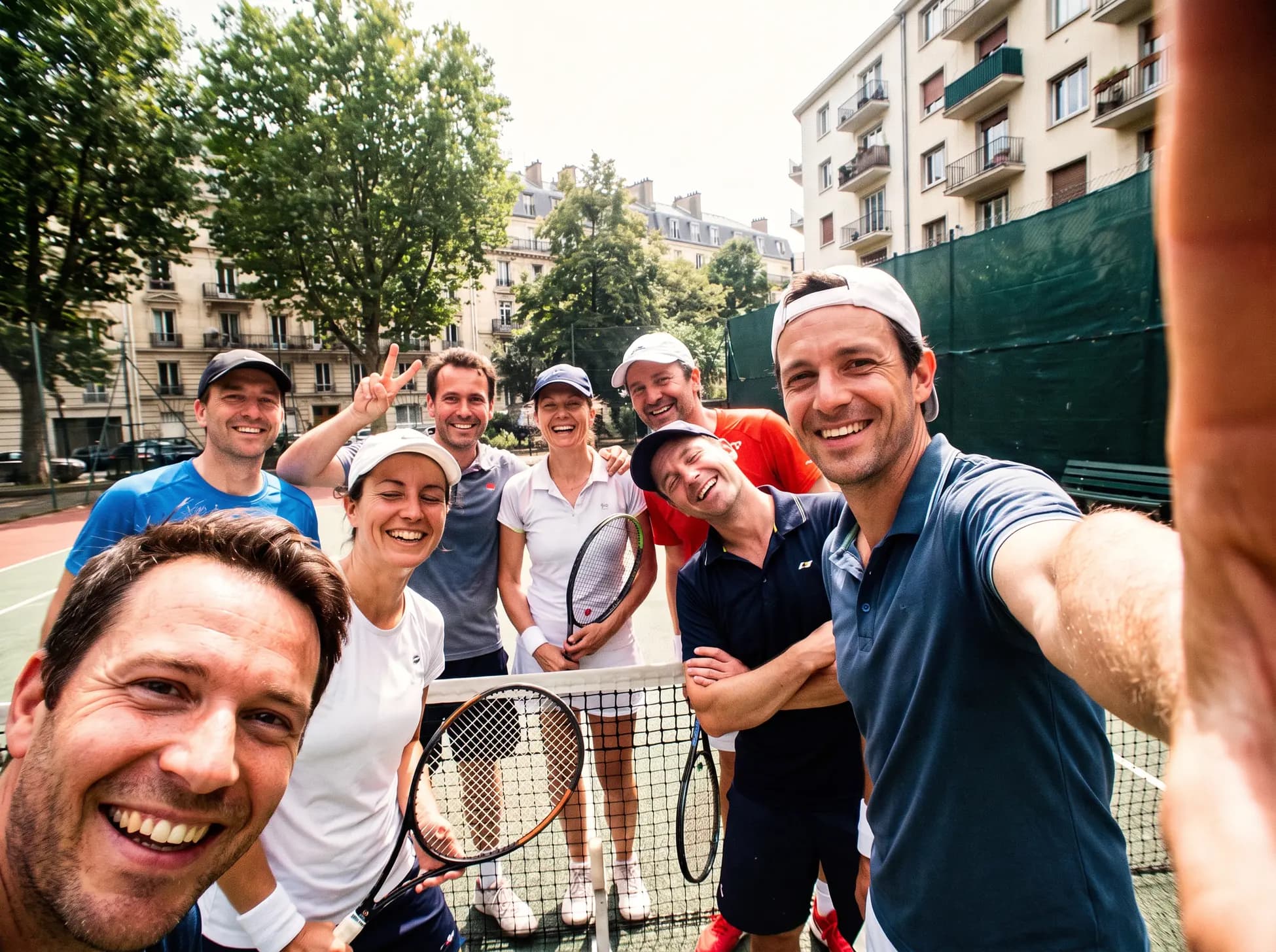 Eight players crowded in for a selfie at the net after a session on a city court
